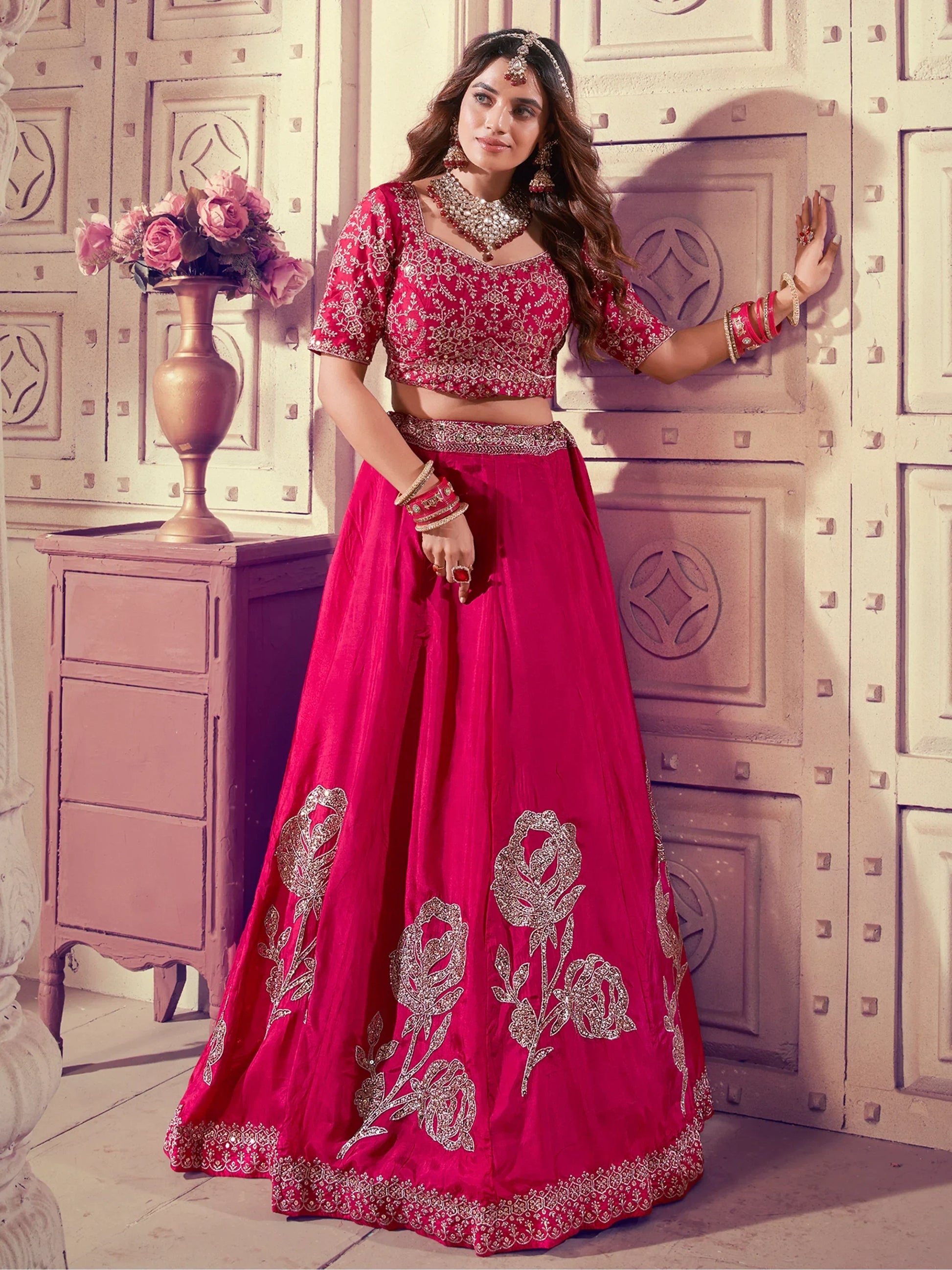 Beautiful Pink Sequins Silk Bridesmaid Lehenga Choli With Dupatta - Zeel Clothing