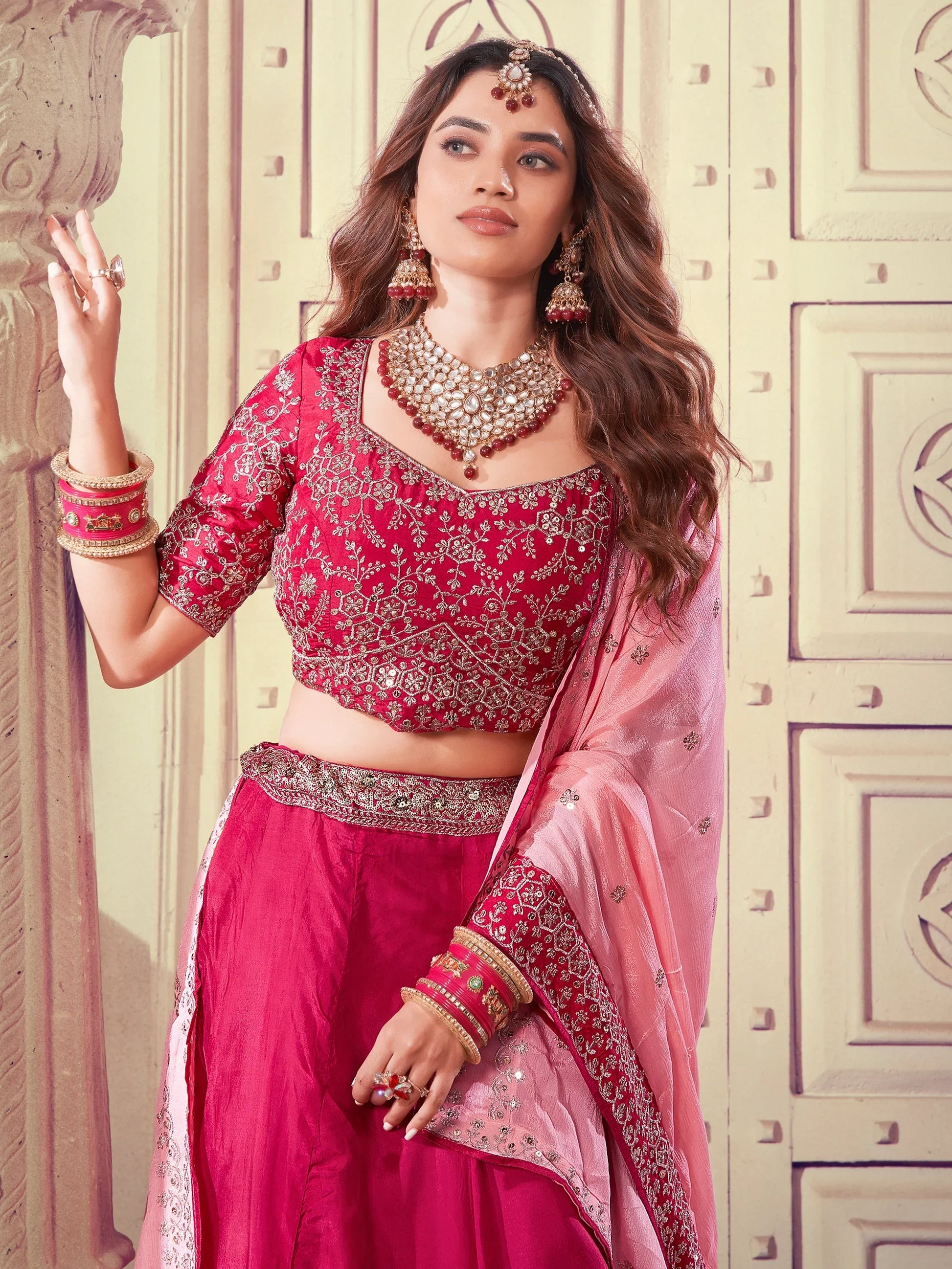 Beautiful Pink Sequins Silk Bridesmaid Lehenga Choli With Dupatta - Zeel Clothing