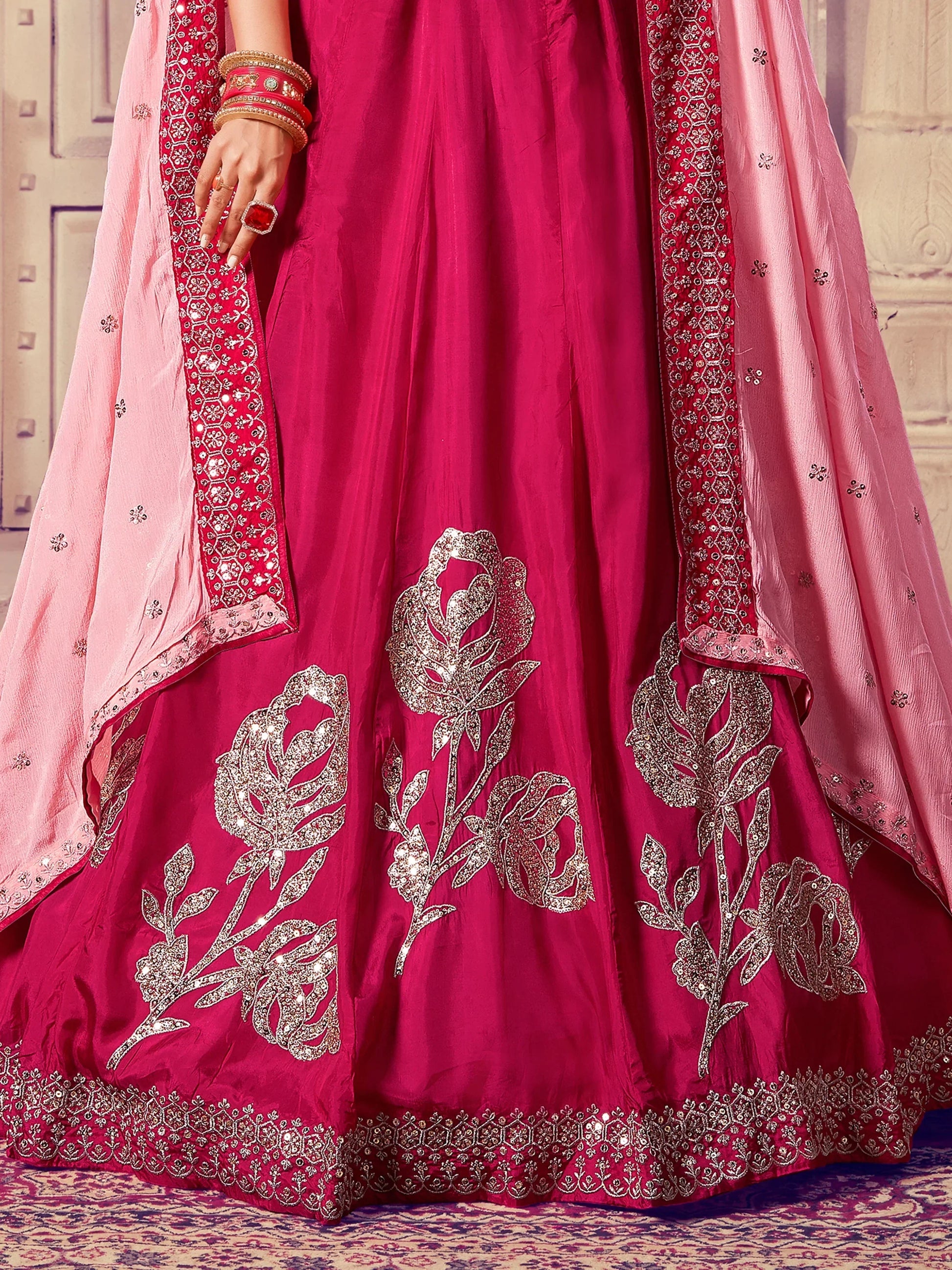 Beautiful Pink Sequins Silk Bridesmaid Lehenga Choli With Dupatta - Zeel Clothing