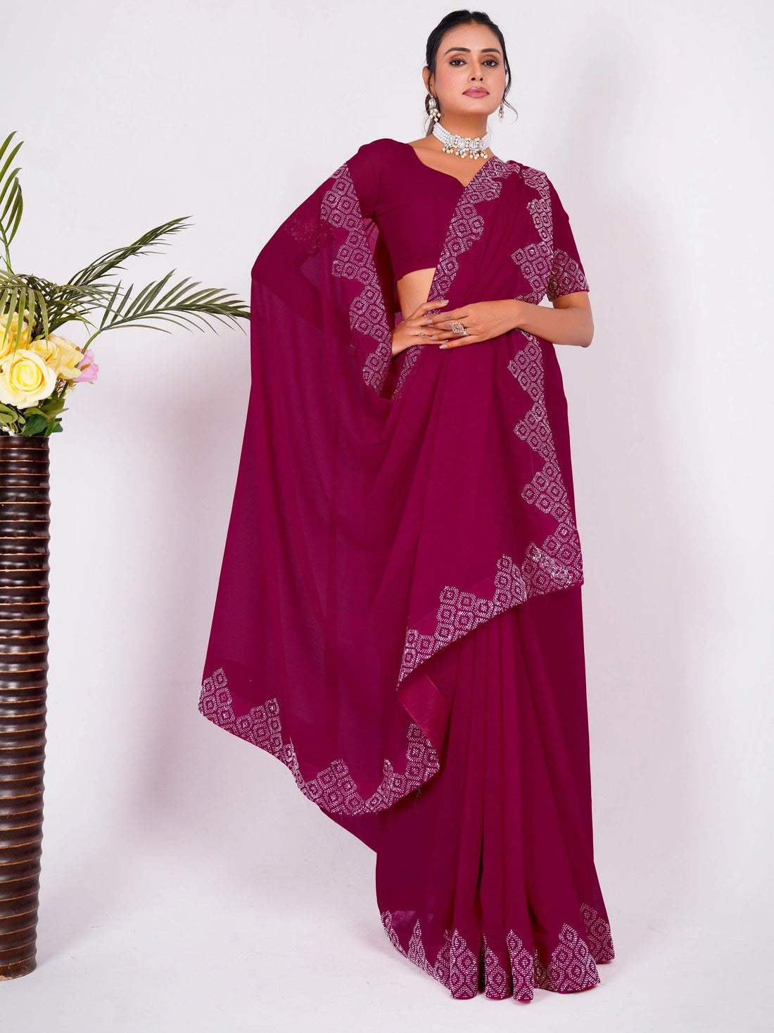Beautiful Pink Swarovski Work Georgette Party Wear Saree With Blouse