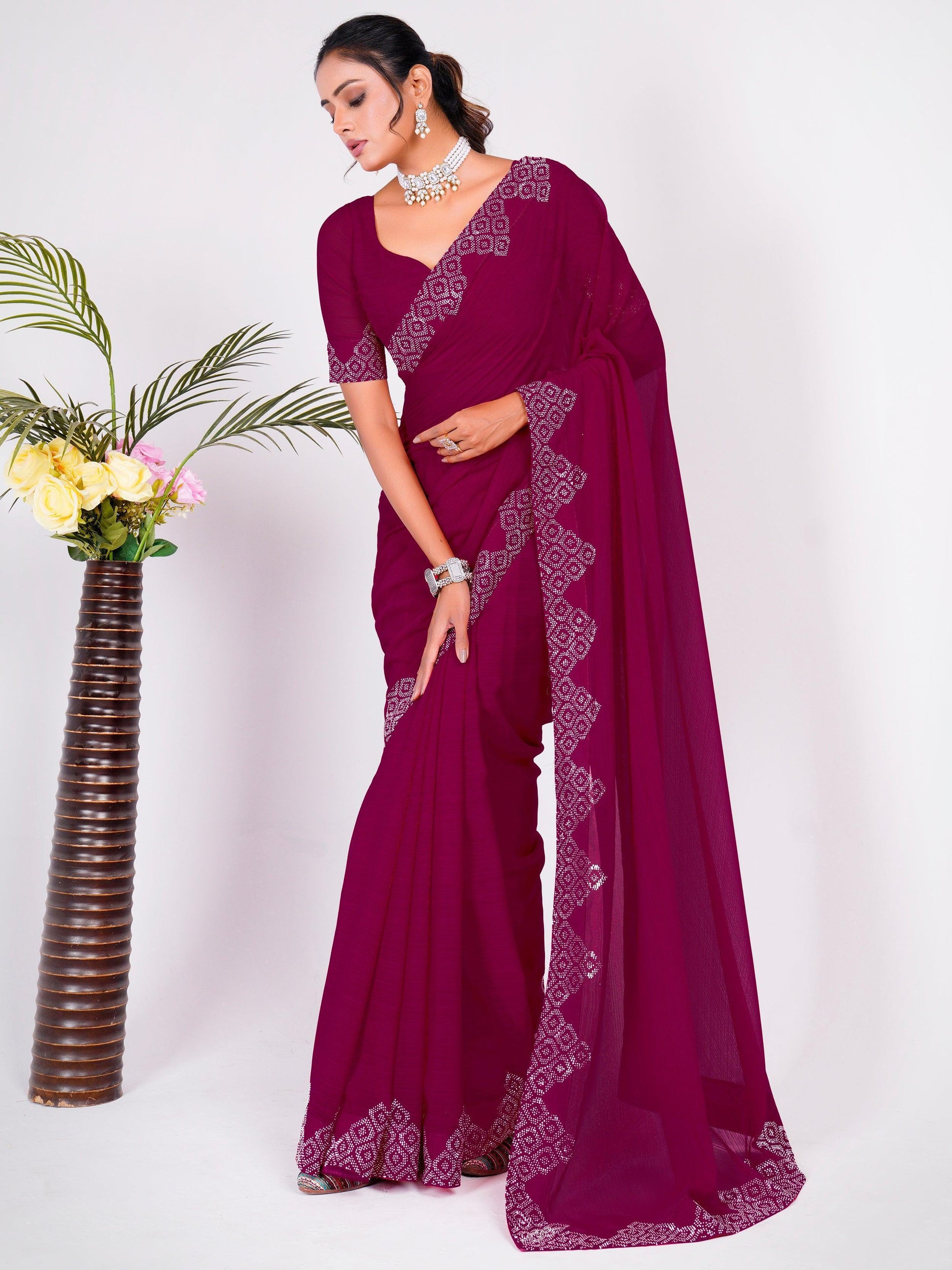 Beautiful Pink Swarovski Work Georgette Party Wear Saree With Blouse