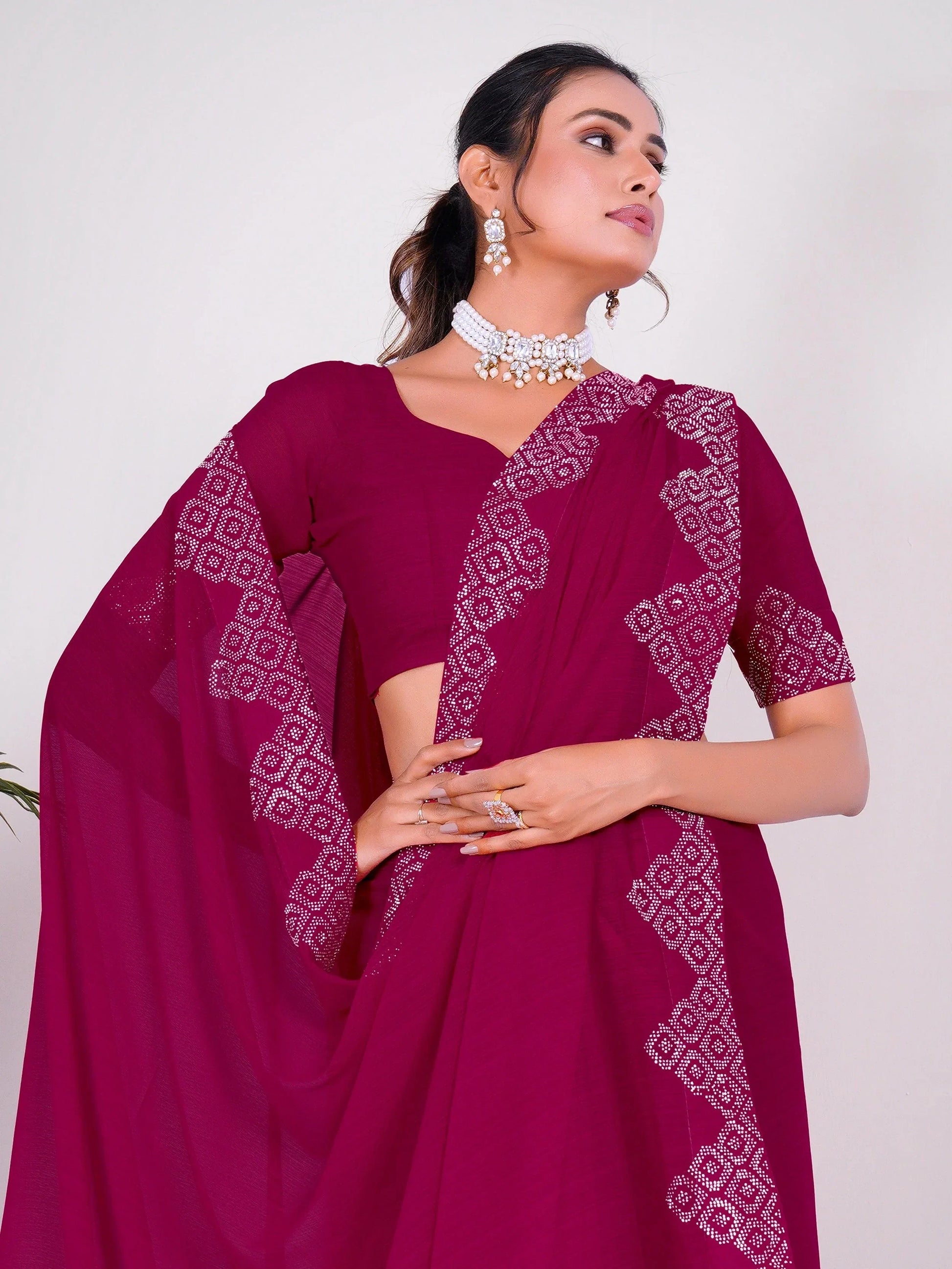 Beautiful Pink Swarovski Work Georgette Party Wear Saree With Blouse