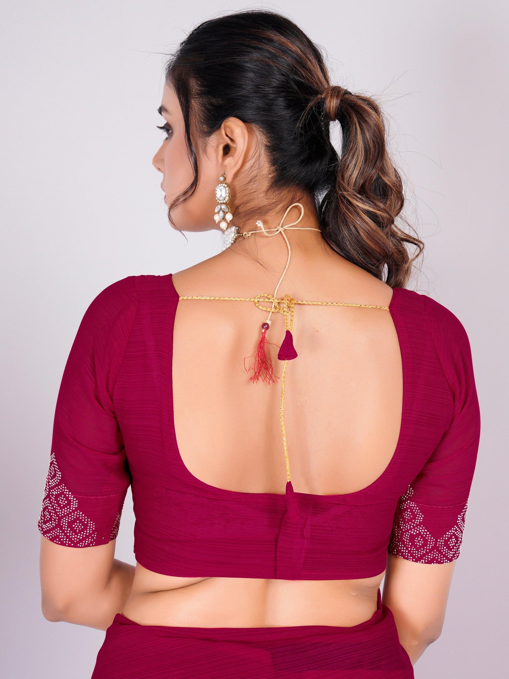 Beautiful Pink Swarovski Work Georgette Party Wear Saree With Blouse