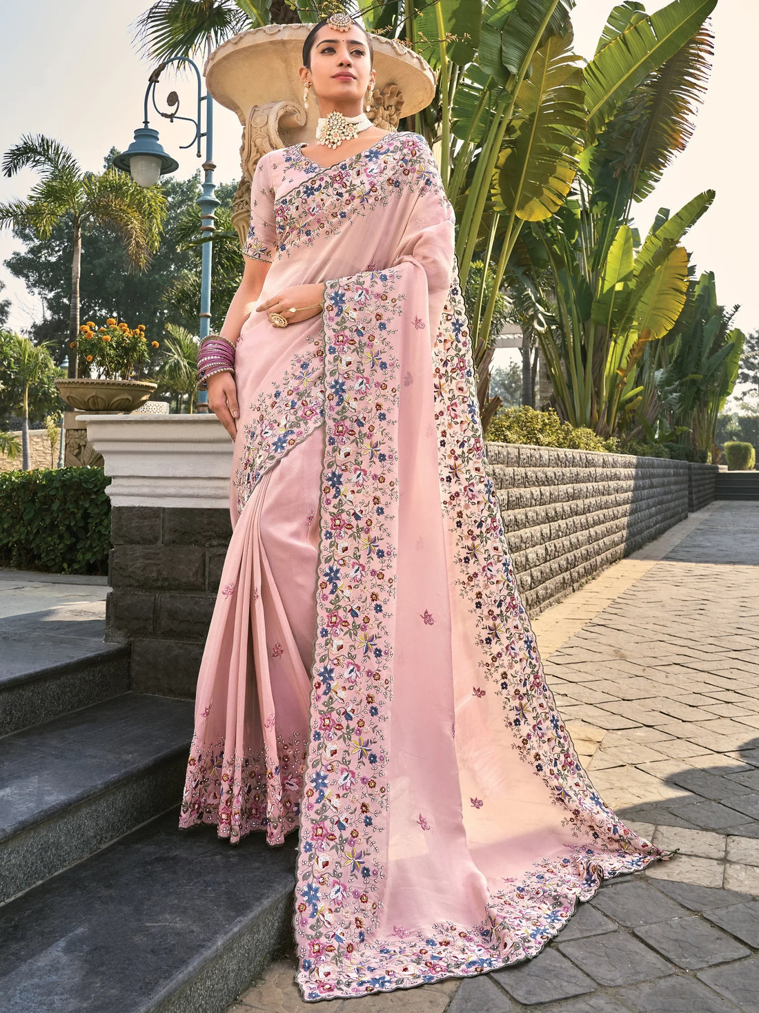 Beautiful Pink Thread Embroidery Banarasi Silk Engagement Wear Saree - Zeel Clothing