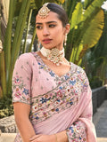 Beautiful Pink Thread Embroidery Banarasi Silk Engagement Wear Saree - Zeel Clothing