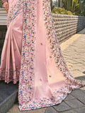 Beautiful Pink Thread Embroidery Banarasi Silk Engagement Wear Saree - Zeel Clothing