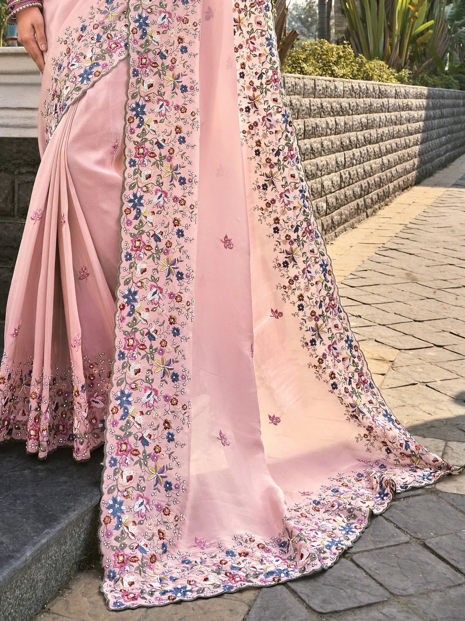 Beautiful Pink Thread Embroidery Banarasi Silk Engagement Wear Saree - Zeel Clothing