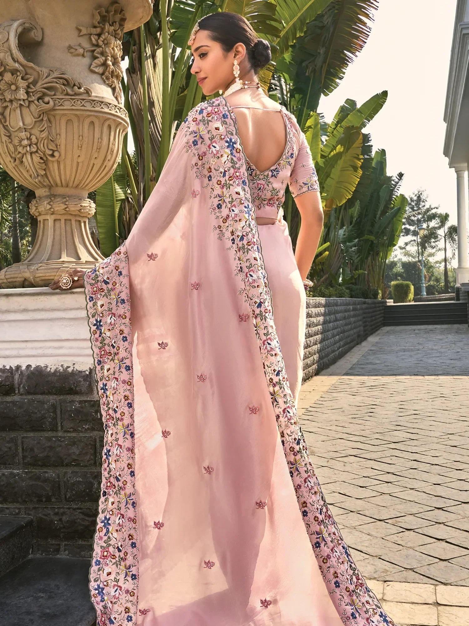 Beautiful Pink Thread Embroidery Banarasi Silk Engagement Wear Saree - Zeel Clothing