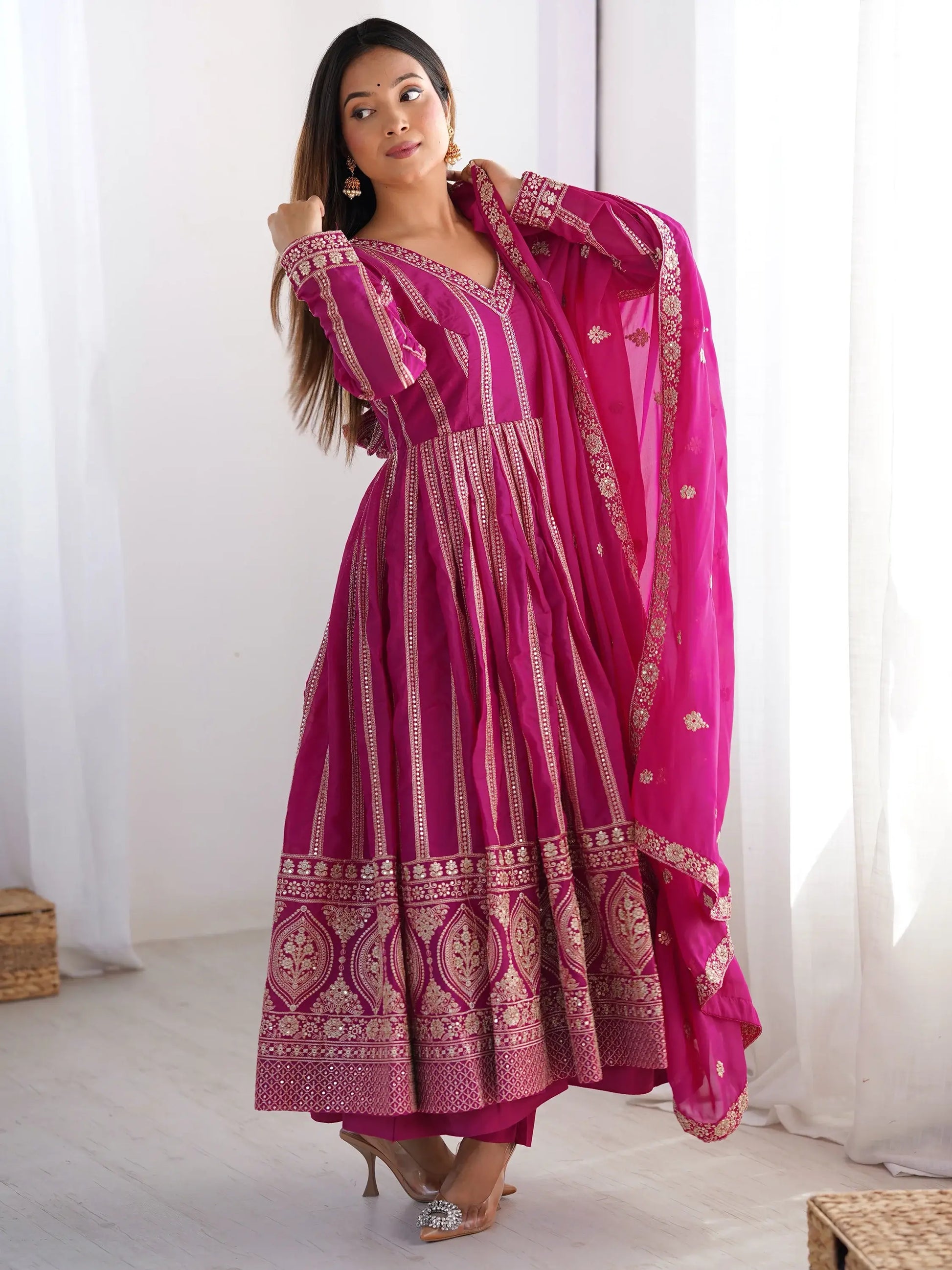 Beautiful Pink Thread Work Georgette Event Wear Suit Pant - Zeel Clothing