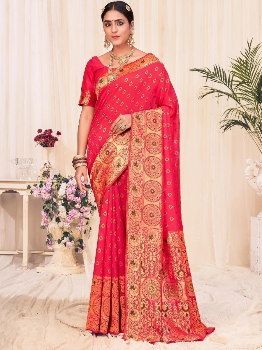 Red and gold embroidered saree with floral border, traditional Indian women's fashion