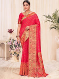Red and gold embroidered saree with floral border, traditional Indian women's fashion