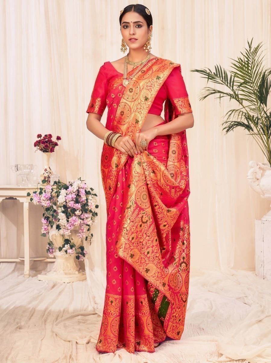 Red and gold embroidered saree with matching blouse, traditional Indian women's fashion