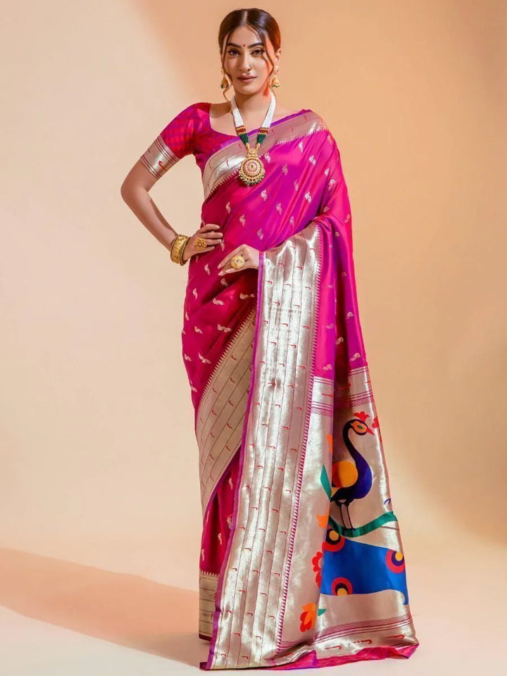 Beautiful Pink Woven Paithani Silk Wedding Wear Saree With Blouse