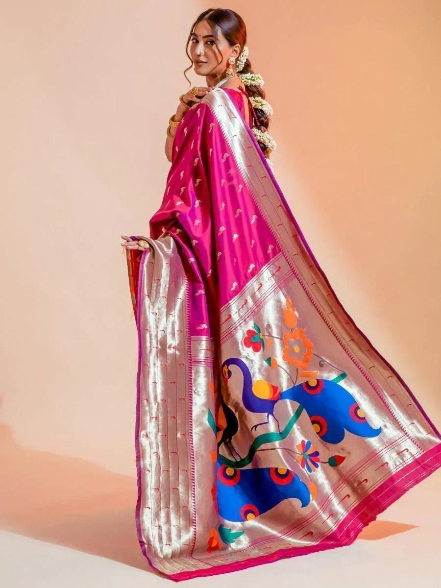 Beautiful Pink Woven Paithani Silk Wedding Wear Saree With Blouse