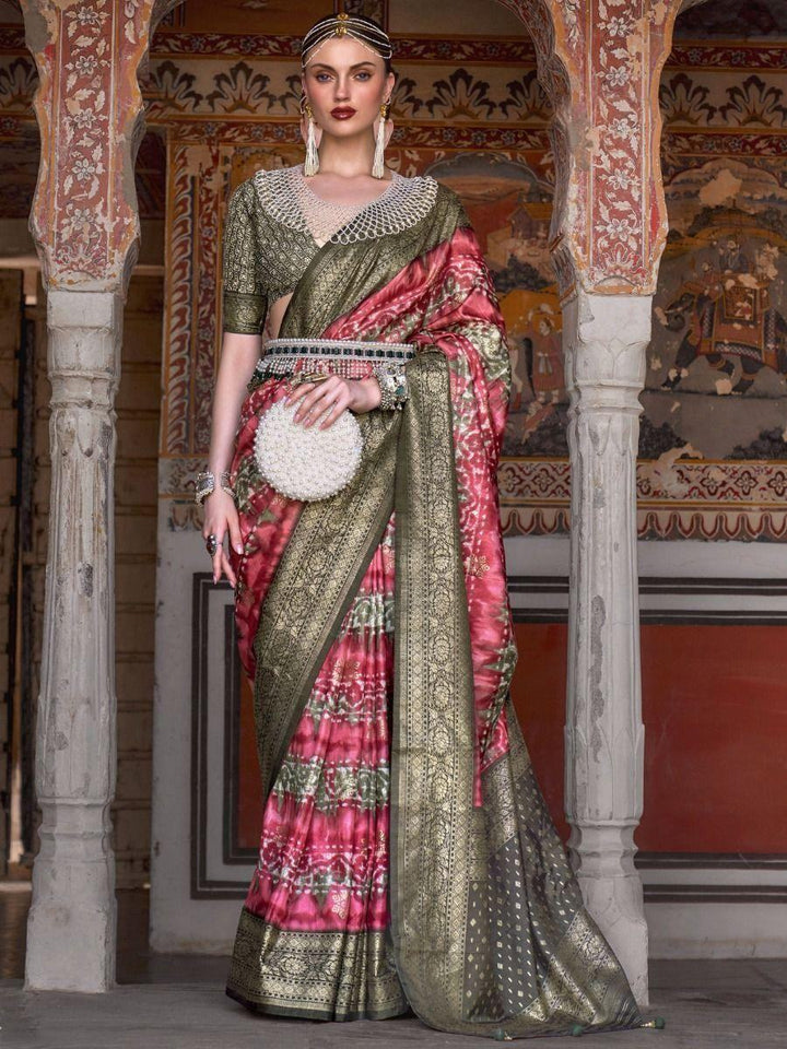 Beautiful Pink Woven Silk Reception Wear Saree With Blouse