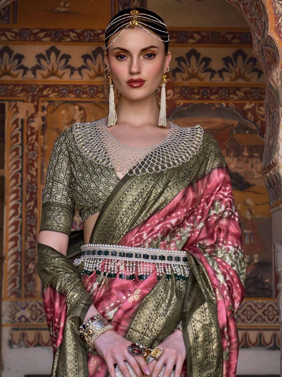 Beautiful Pink Woven Silk Reception Wear Saree With Blouse