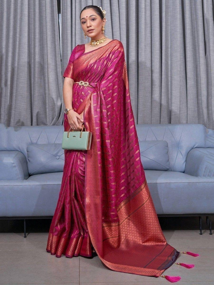 Beautiful Pink Woven Soft Silk Wedding Wear Saree With Blouse