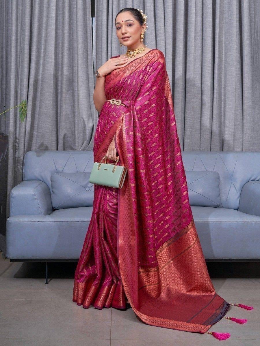 Beautiful Pink Woven Soft Silk Wedding Wear Saree With Blouse