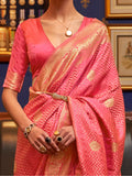 Beautiful Pink Zari Weaving Satin Wedding Wear Saree With Blouse - Zeel Clothing