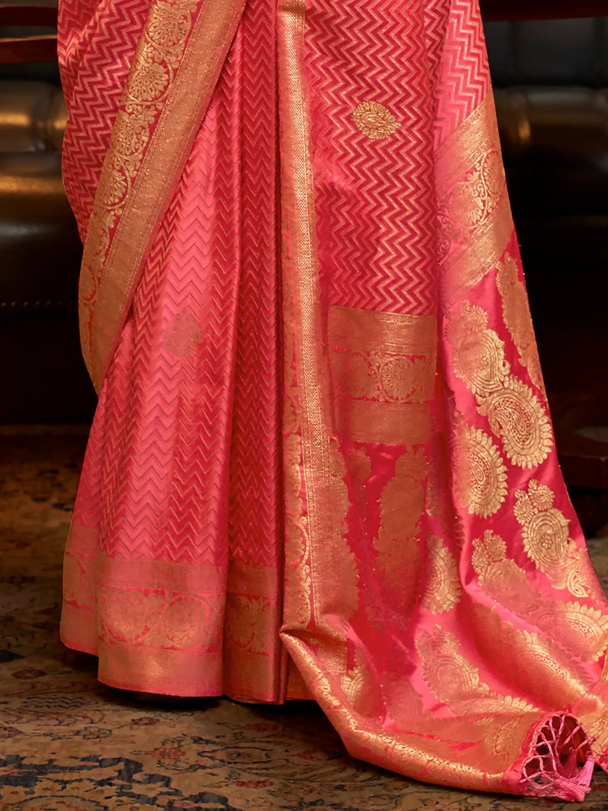 Beautiful Pink Zari Weaving Satin Wedding Wear Saree With Blouse - Zeel Clothing
