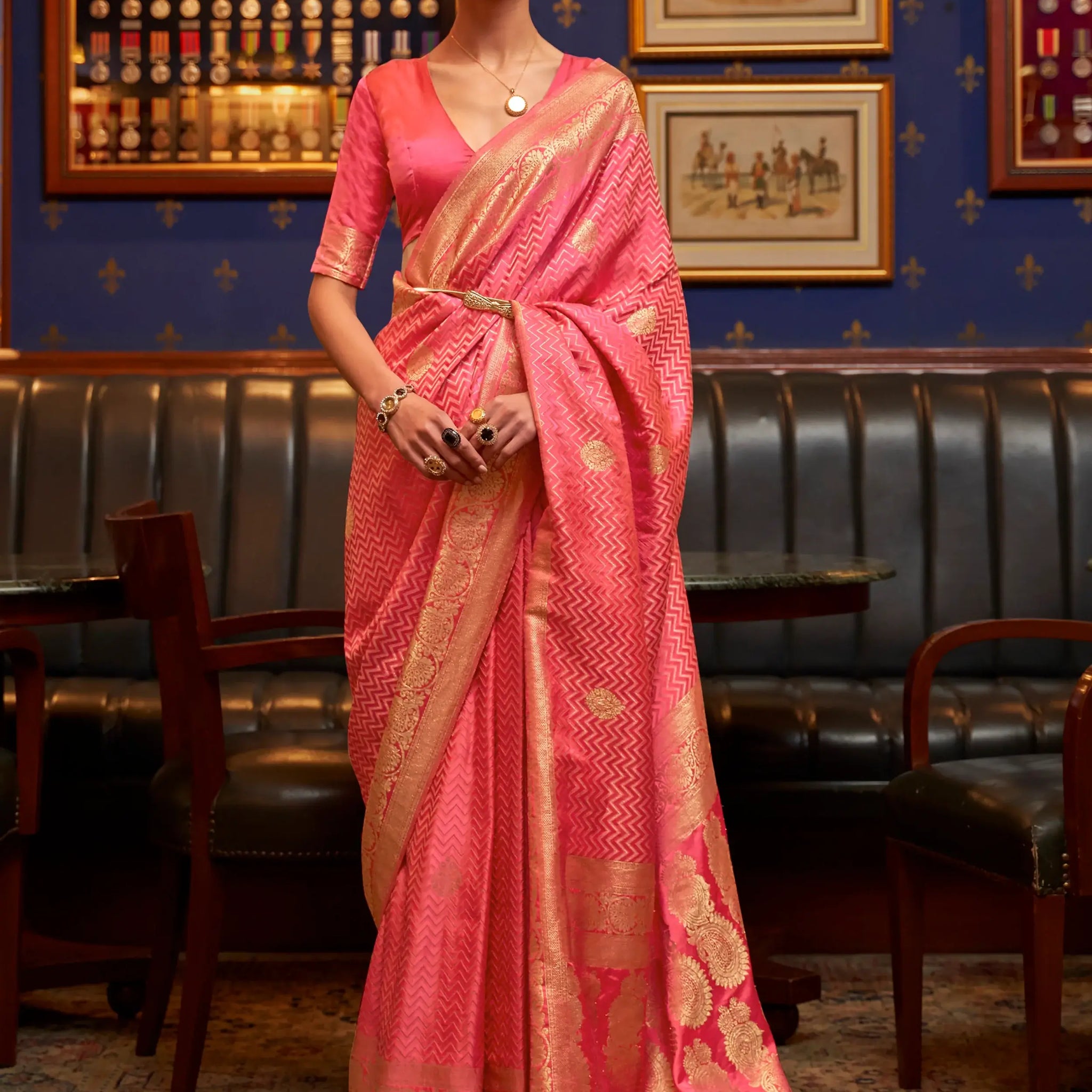 Beautiful Pink Zari Weaving Satin Wedding Wear Saree With Blouse - Zeel Clothing