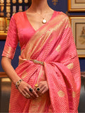 Beautiful Pink Zari Weaving Satin Wedding Wear Saree With Blouse - Zeel Clothing