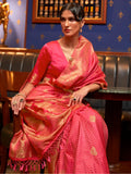 Beautiful Pink Zari Weaving Satin Wedding Wear Saree With Blouse - Zeel Clothing