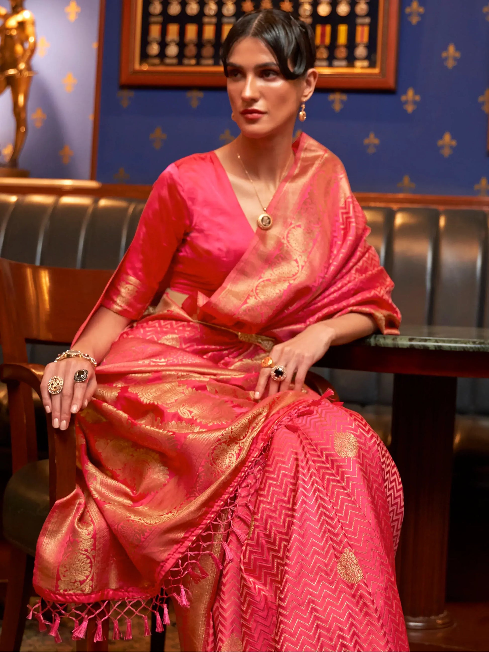 Beautiful Pink Zari Weaving Satin Wedding Wear Saree With Blouse - Zeel Clothing