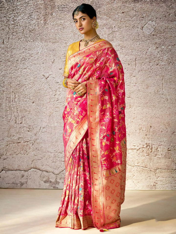Beautiful Pink Zari Weaving Silk Wedding Wear Saree With Blouse - Zeel Clothing