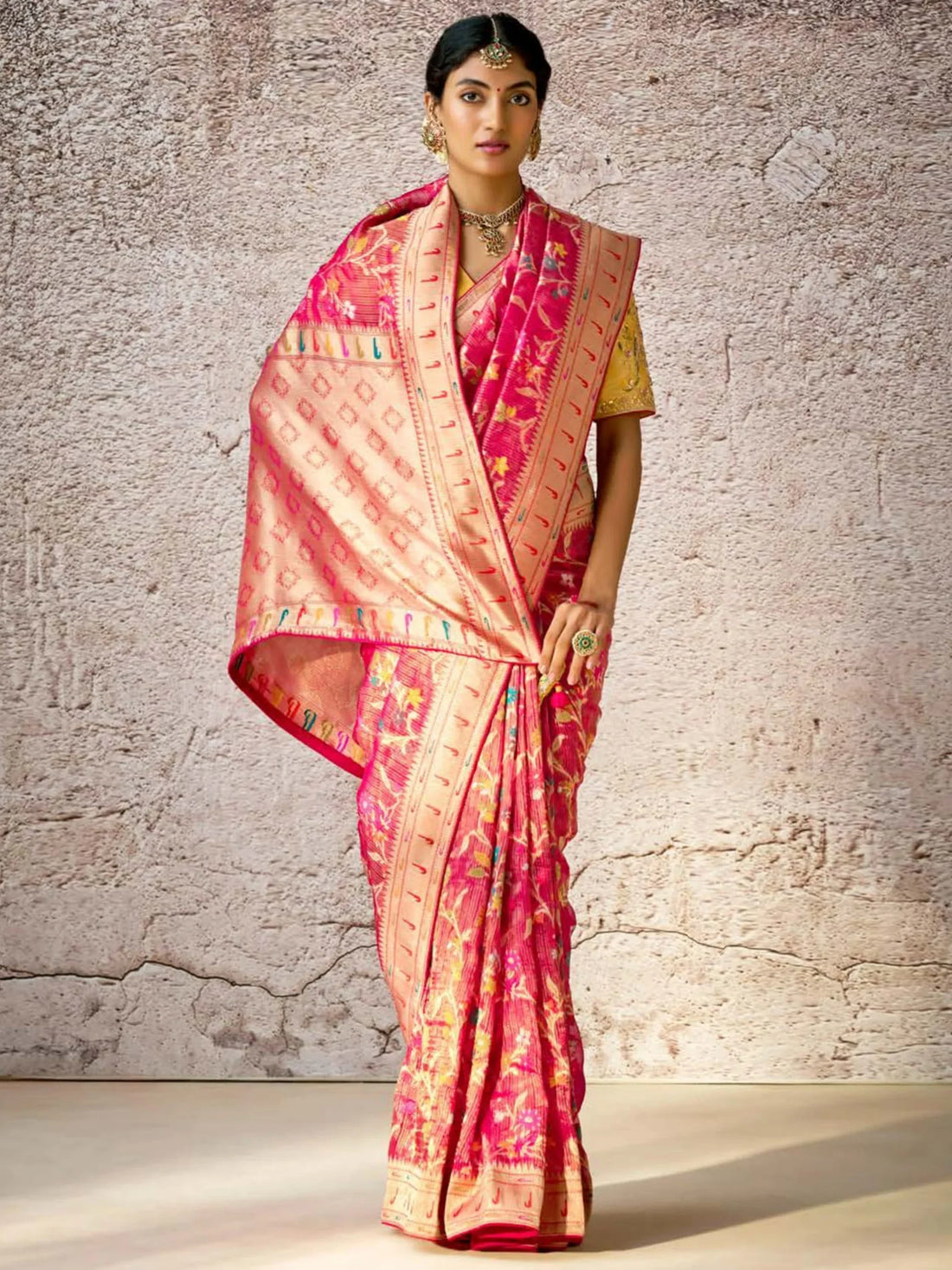 Beautiful Pink Zari Weaving Silk Wedding Wear Saree With Blouse - Zeel Clothing