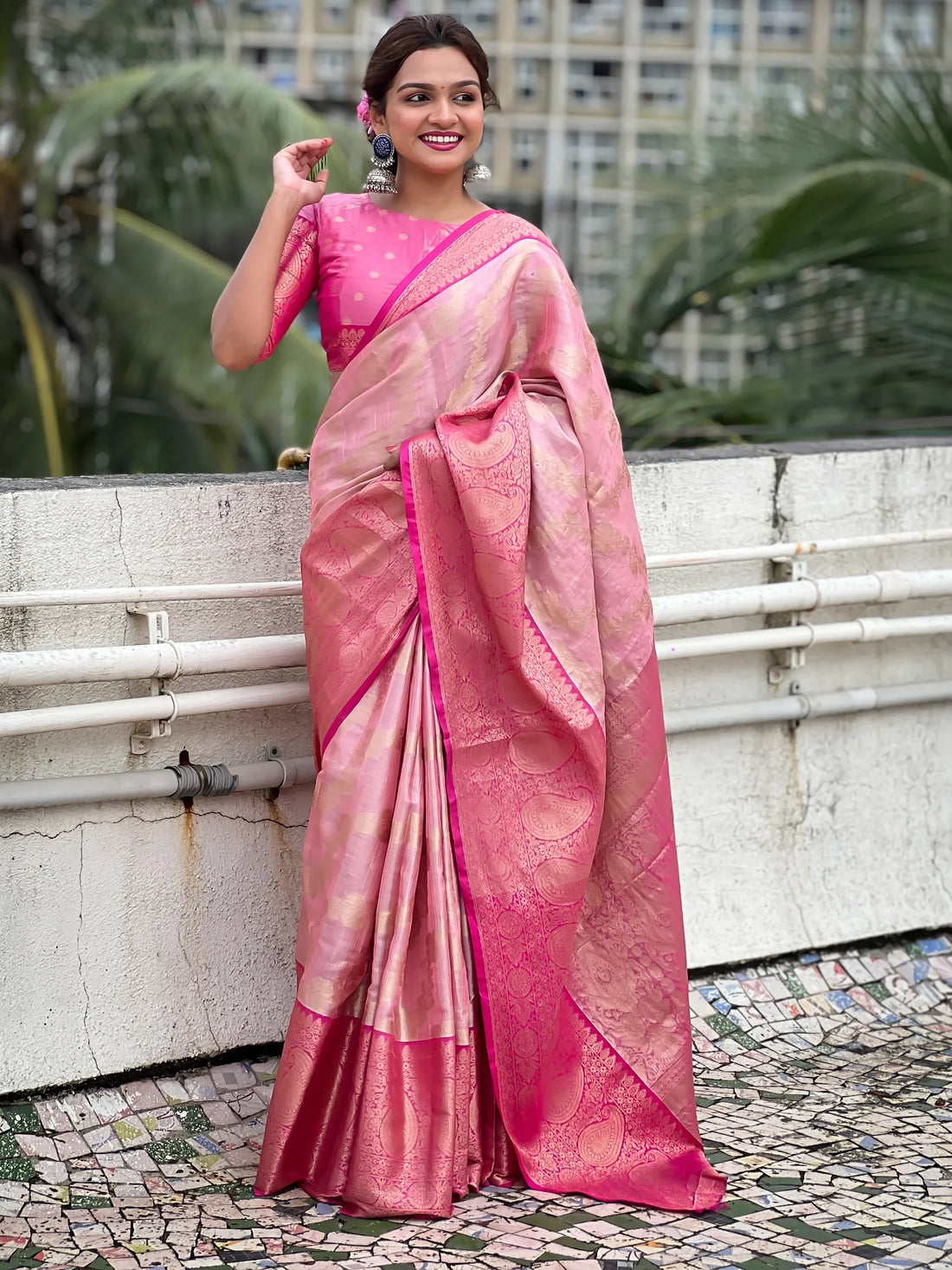 Beautiful Pink Zari Weaving Tissue Silk Traditional Saree With Blouse - Zeel Clothing
