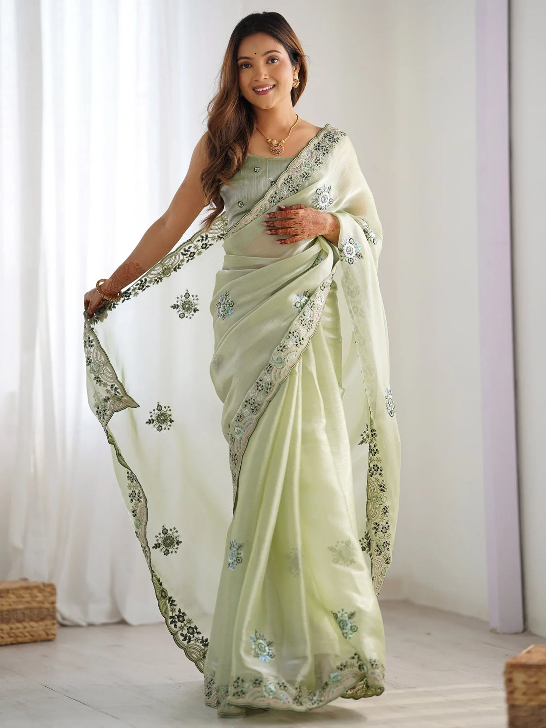 Beautiful Pista Green Embroidered Organza Party Wear Saree With Blouse - Zeel Clothing