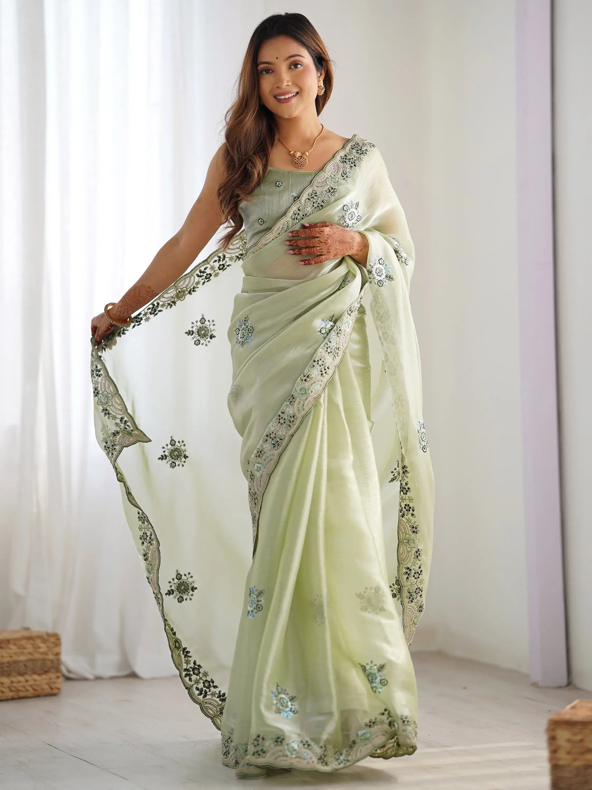 Beautiful Pista Green Embroidered Organza Party Wear Saree With Blouse - Zeel Clothing
