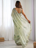 Beautiful Pista Green Embroidered Organza Party Wear Saree With Blouse - Zeel Clothing