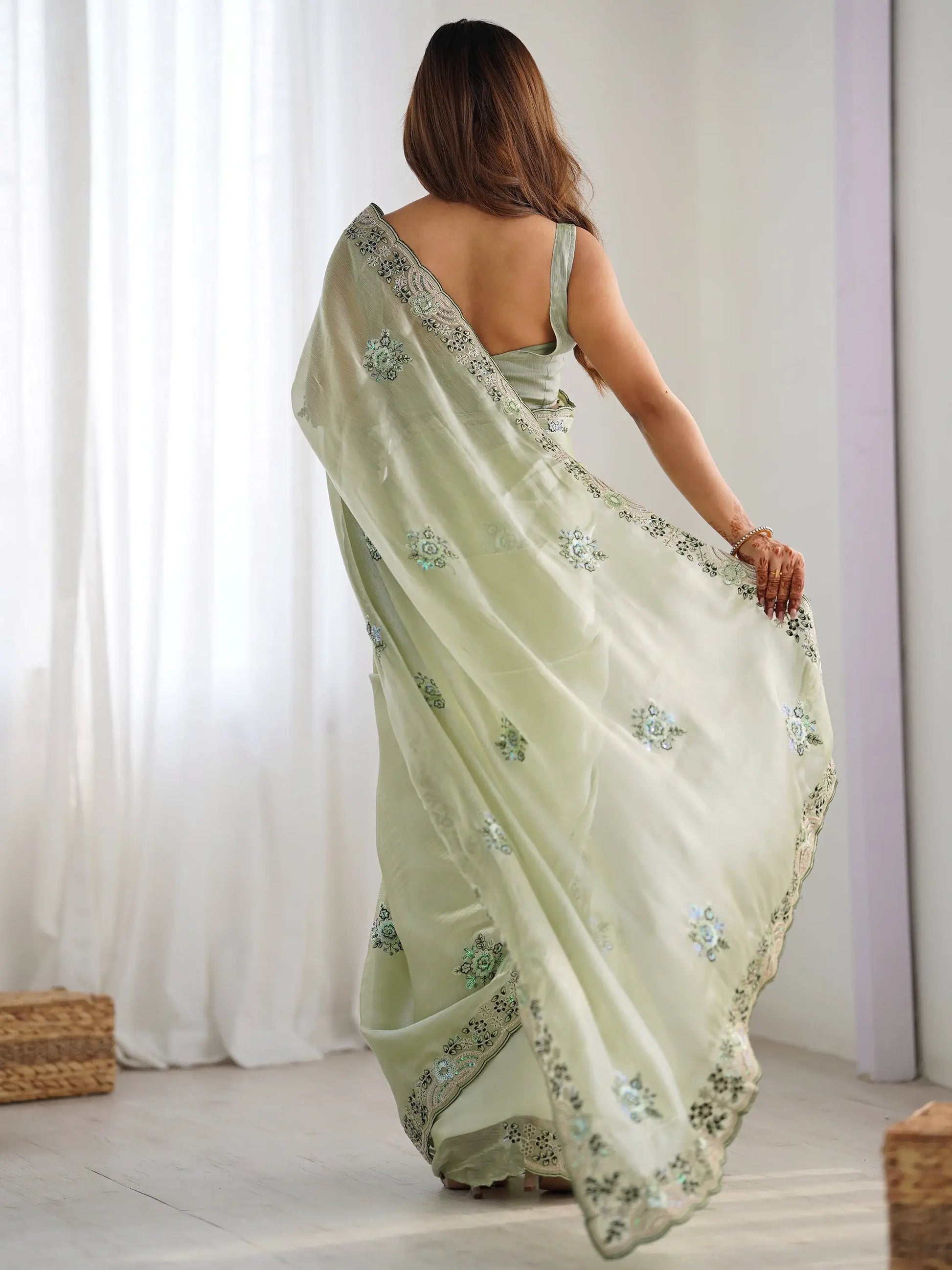 Beautiful Pista Green Embroidered Organza Party Wear Saree With Blouse - Zeel Clothing