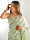 Beautiful Pista Green Embroidered Organza Party Wear Saree With Blouse - Zeel Clothing