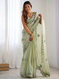 Beautiful Pista Green Embroidered Organza Party Wear Saree With Blouse - Zeel Clothing