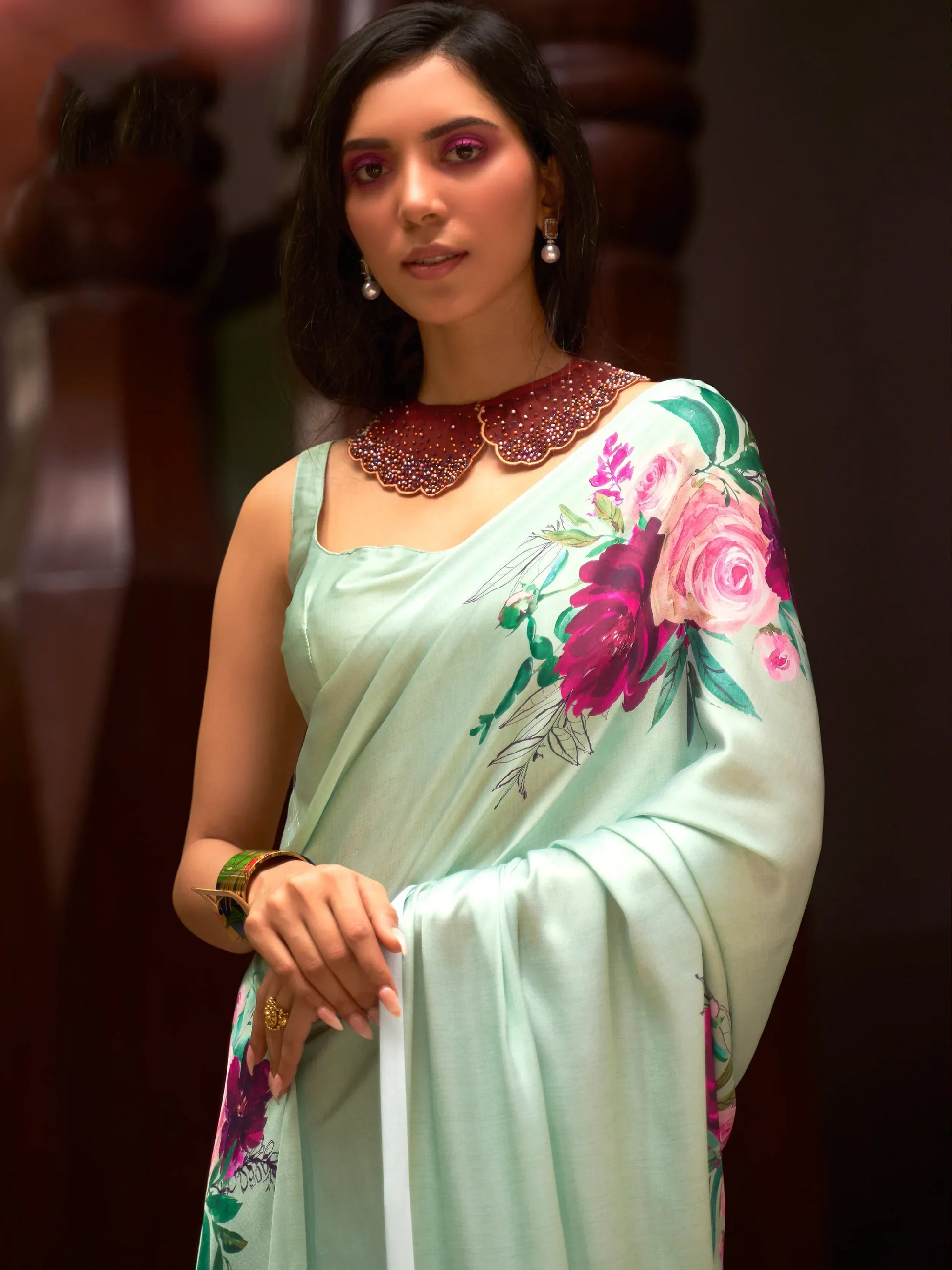 Beautiful Pista Green Floral Printed Satin Saree With Blouse - Zeel Clothing