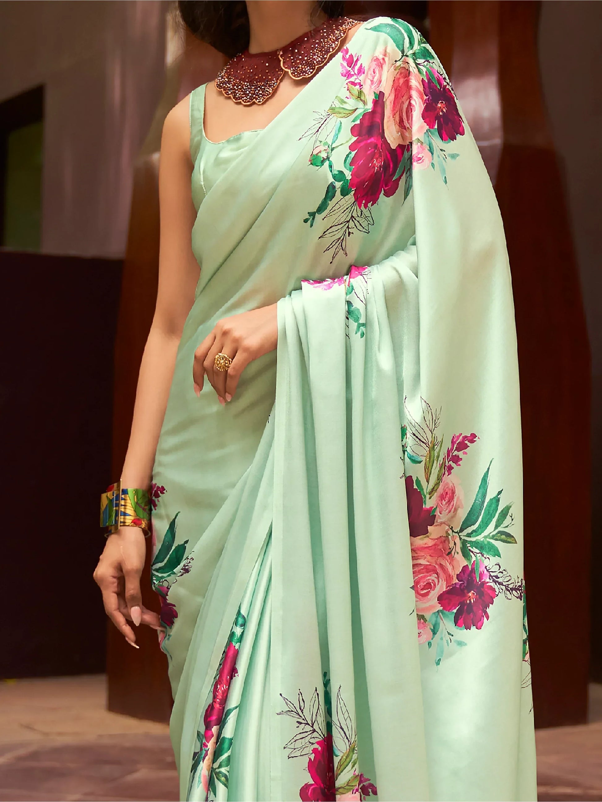 Beautiful Pista Green Floral Printed Satin Saree With Blouse - Zeel Clothing