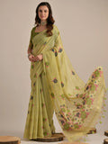Beautiful Pista Green Floral Weaving Printed Cotton Saree With Blouse - Zeel Clothing
