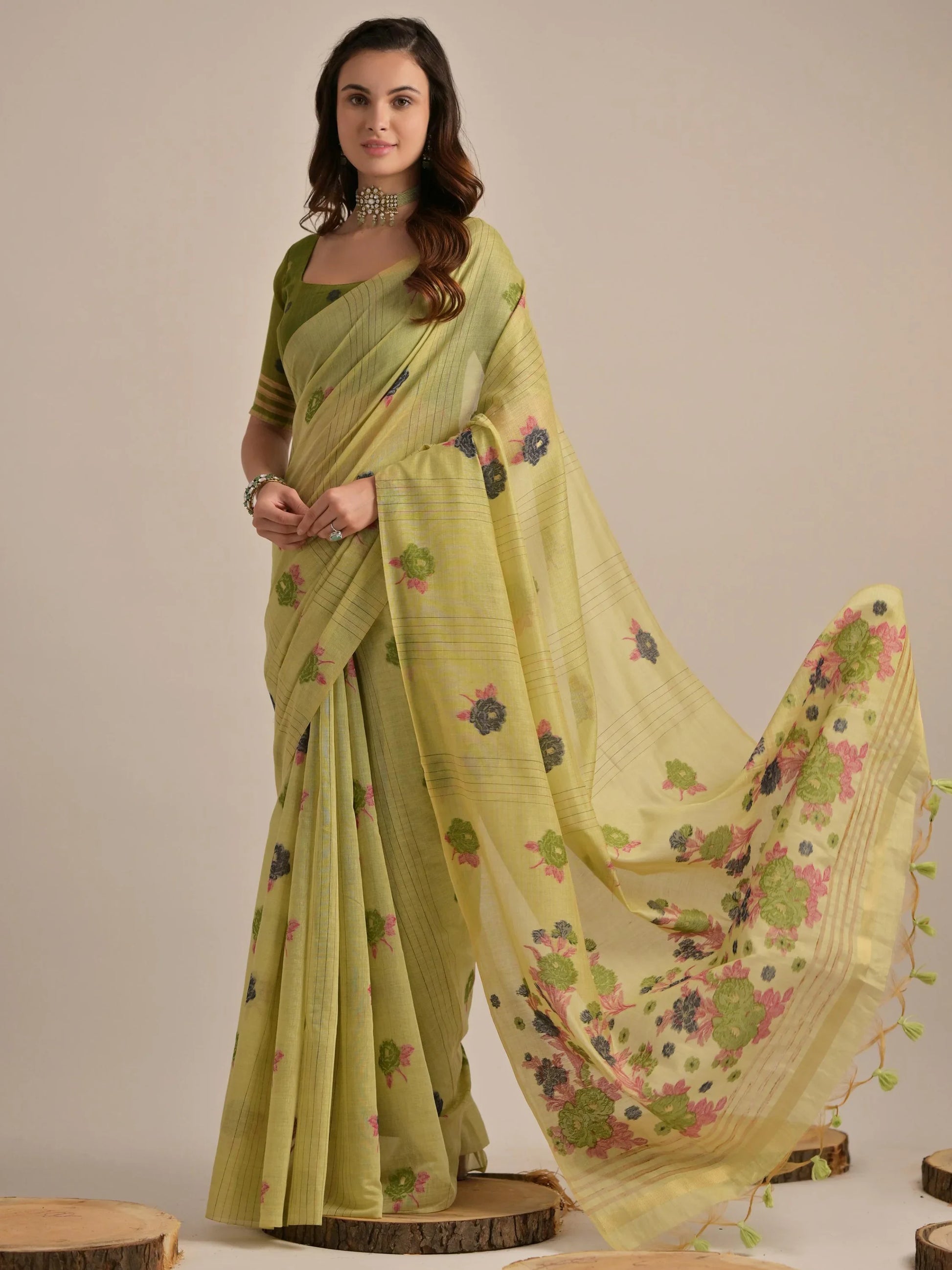 Beautiful Pista Green Floral Weaving Printed Cotton Saree With Blouse - Zeel Clothing