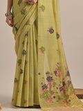 Beautiful Pista Green Floral Weaving Printed Cotton Saree With Blouse - Zeel Clothing