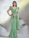 Beautiful Pista Green Lace Work Satin Pre-Stitched Saree With Blouse - Zeel Clothing