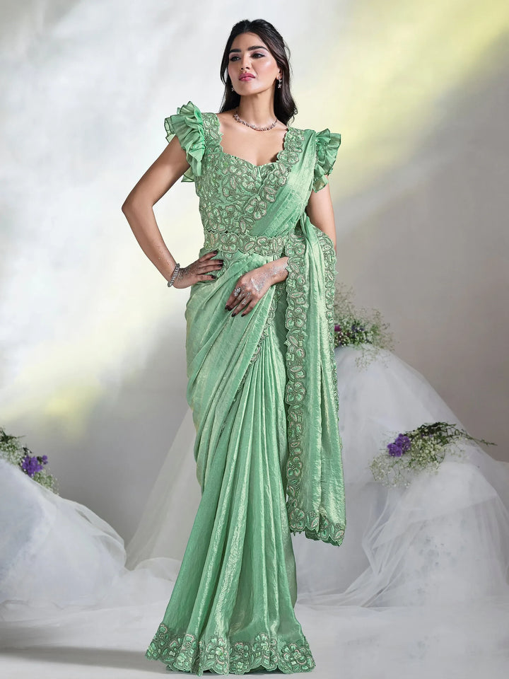 Beautiful Pista Green Lace Work Satin Pre-Stitched Saree With Blouse - Zeel Clothing