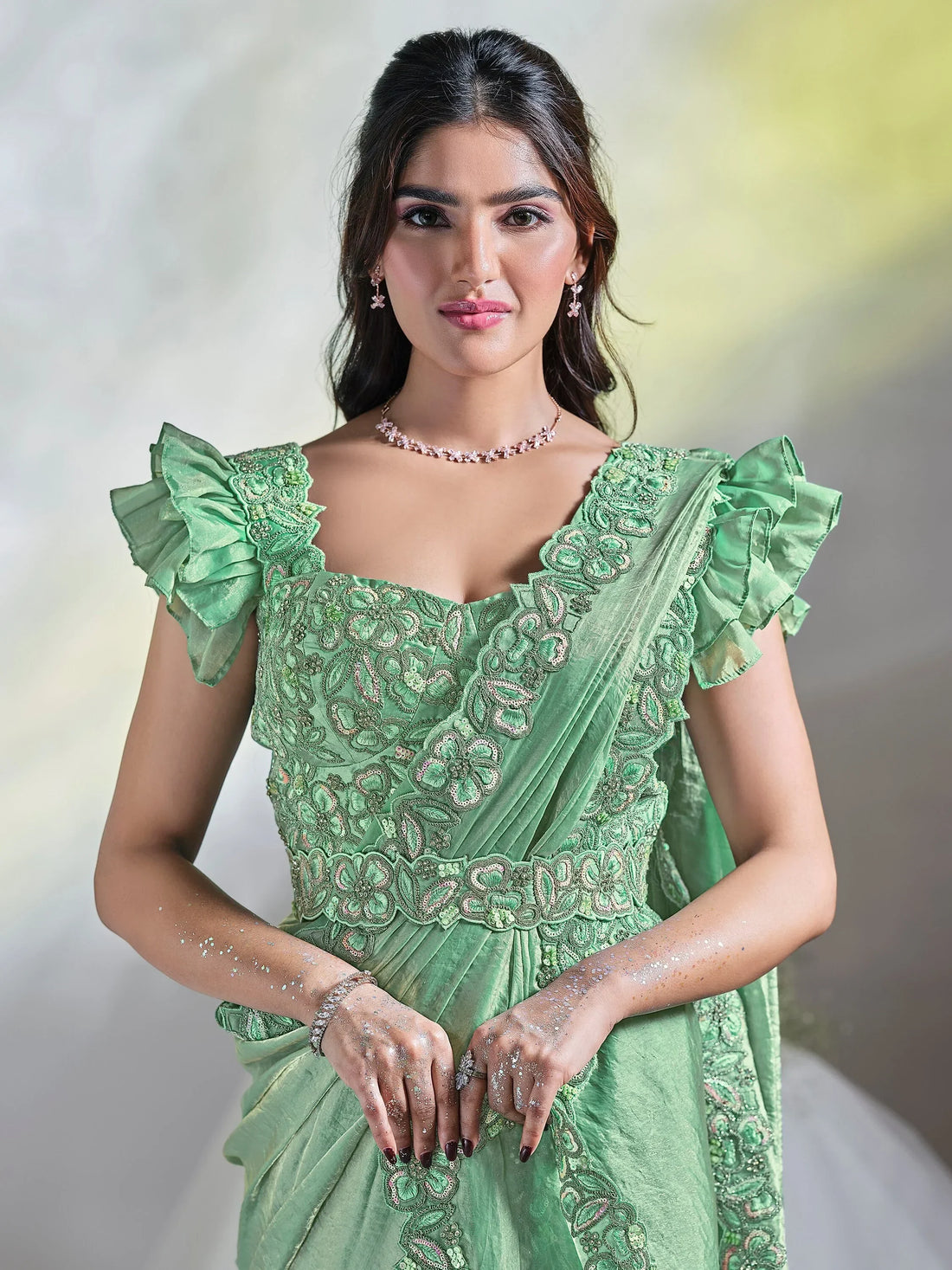 Beautiful Pista Green Lace Work Satin Pre-Stitched Saree With Blouse - Zeel Clothing