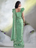 Beautiful Pista Green Lace Work Satin Pre-Stitched Saree With Blouse - Zeel Clothing