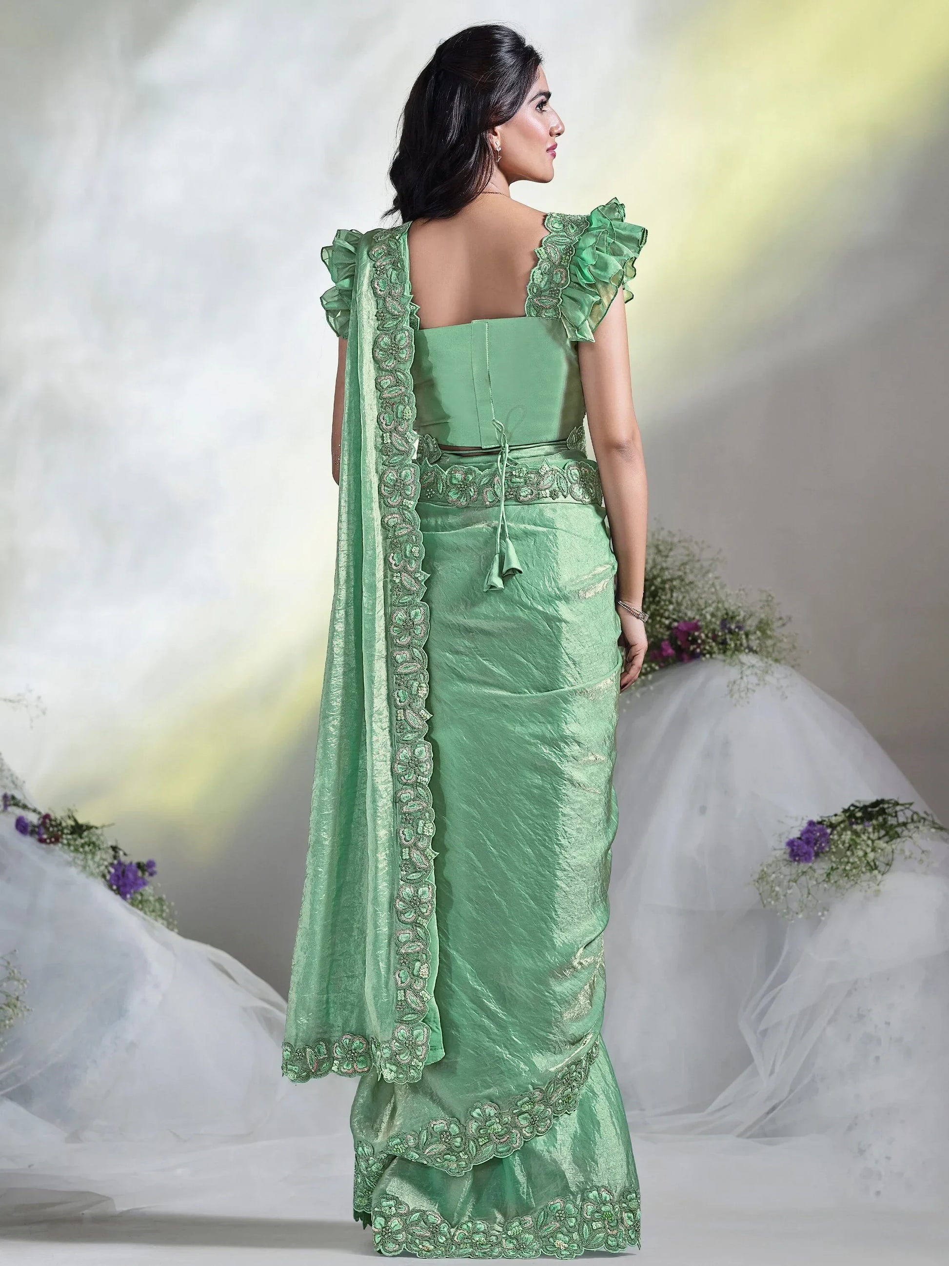 Beautiful Pista Green Lace Work Satin Pre-Stitched Saree With Blouse - Zeel Clothing