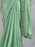 Beautiful Pista Green Lace Work Satin Pre-Stitched Saree With Blouse - Zeel Clothing