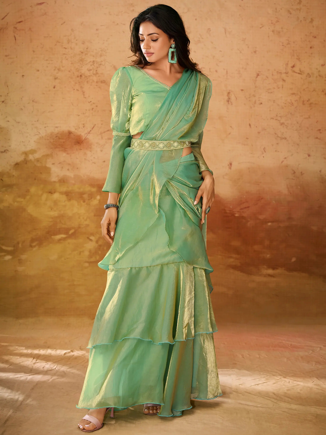 Beautiful Pista Green Organza Ready To Wear Ruffles Saree With Blouse - Zeel Clothing