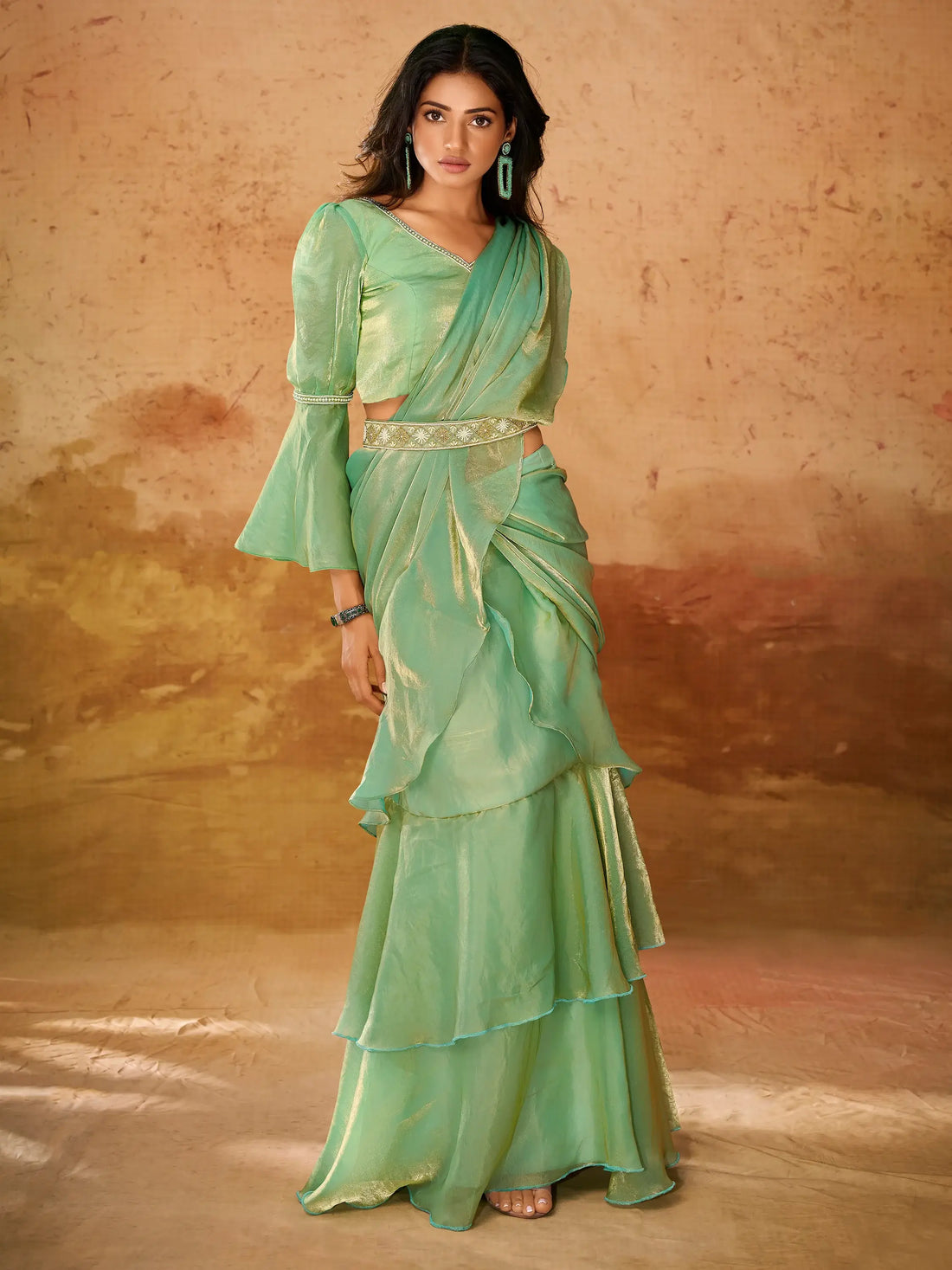 Beautiful Pista Green Organza Ready To Wear Ruffles Saree With Blouse - Zeel Clothing